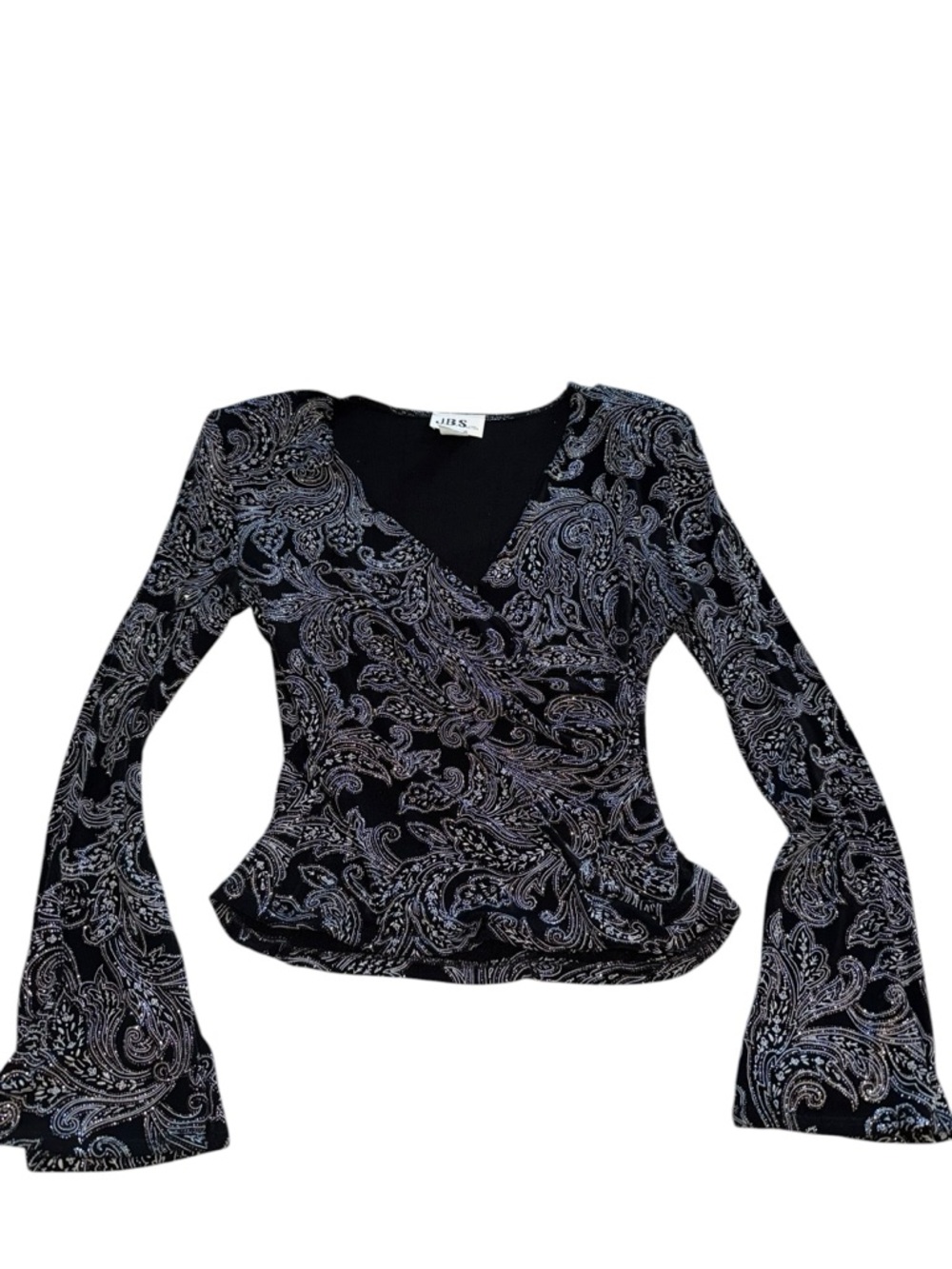 Vintage JBS LTD Black Paisley Wrap Top Size M Sparkly Stretch Long Sleeve Y2K